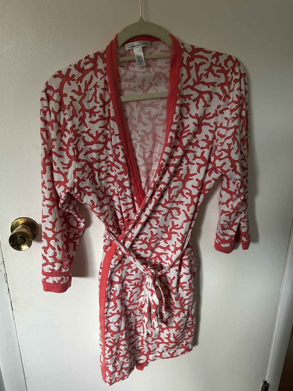 Oscar de la Renta Coral Print Wrap Robe - 100% Pima Cotton - Coral & White - Siz